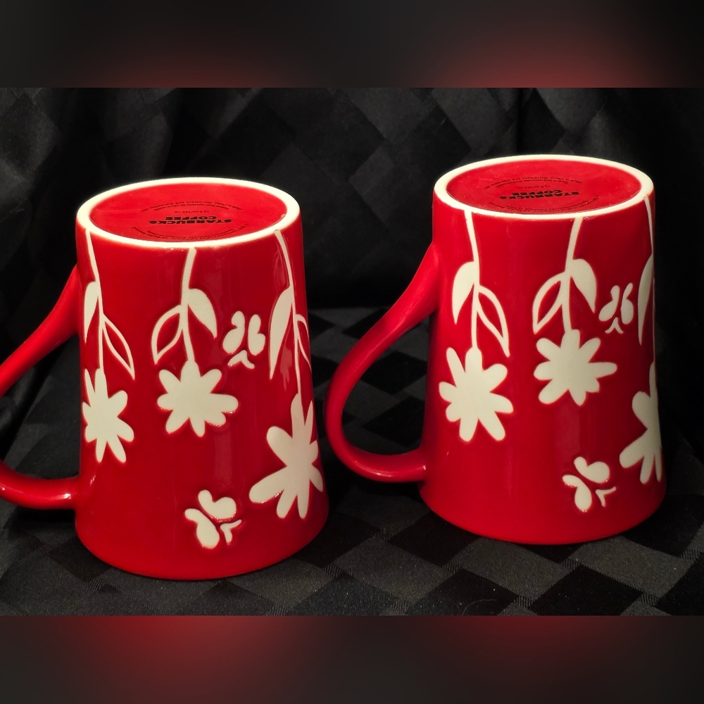 Pair Of Starbucks 2007 Coffee Mugs Red White Debossed Floral Flowers 12oz Cup - Picture 7 of 10